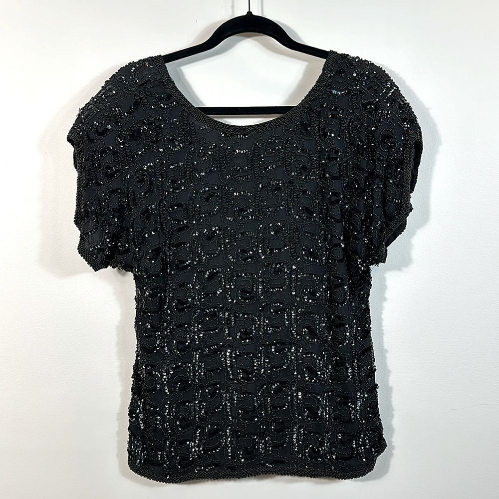 Oleg Cassini 100% Silk Sequins Beaded Luxury Vintage Evening Top Women Small
